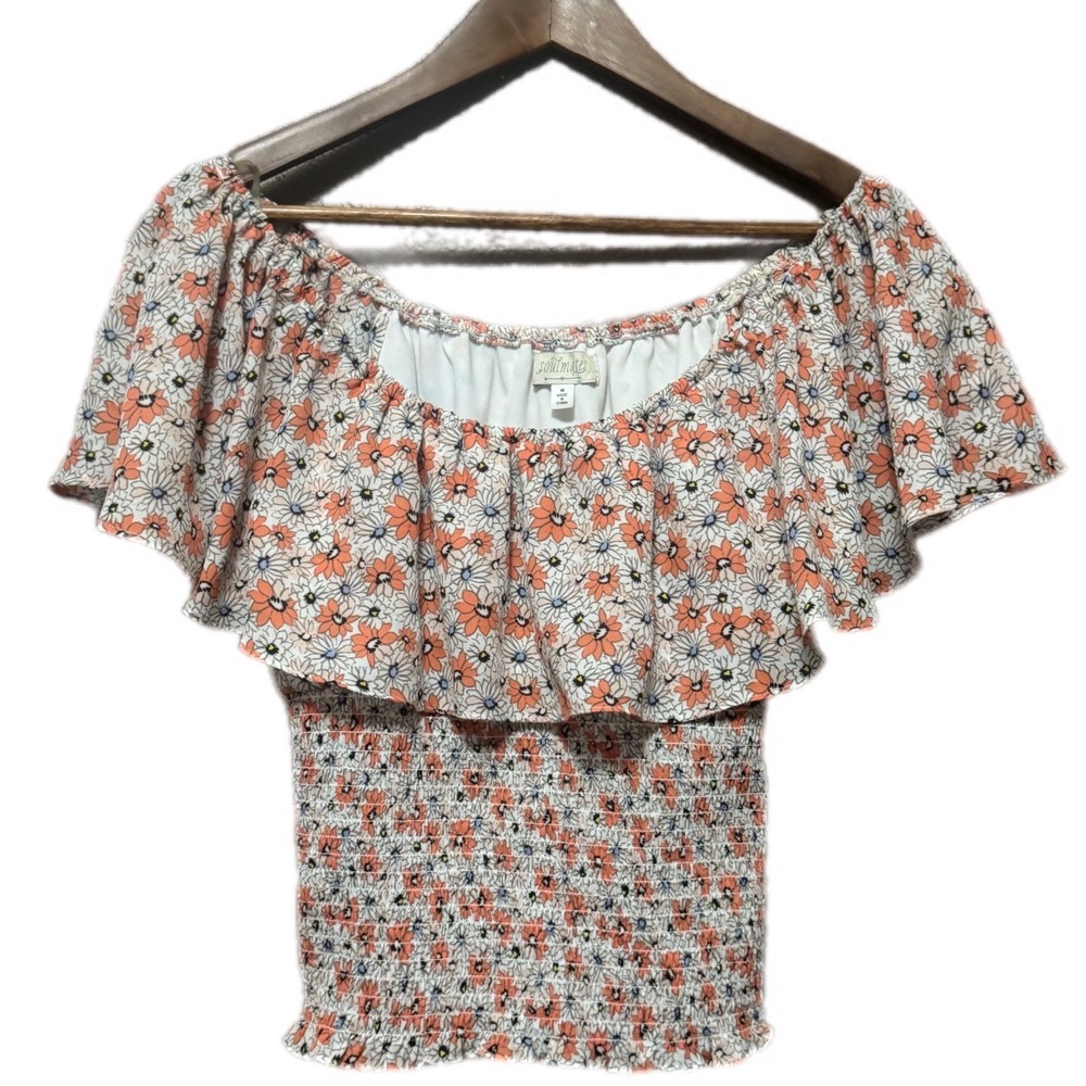 Soulmates Coral Floral Off-Shoulder Ruffle Top